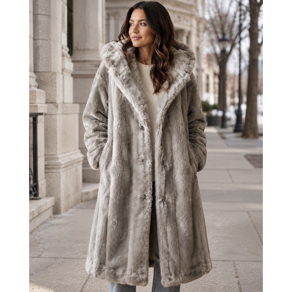Vintage Gray Faux Fur Maxi Coat Long Plush Winter Statement Size XL